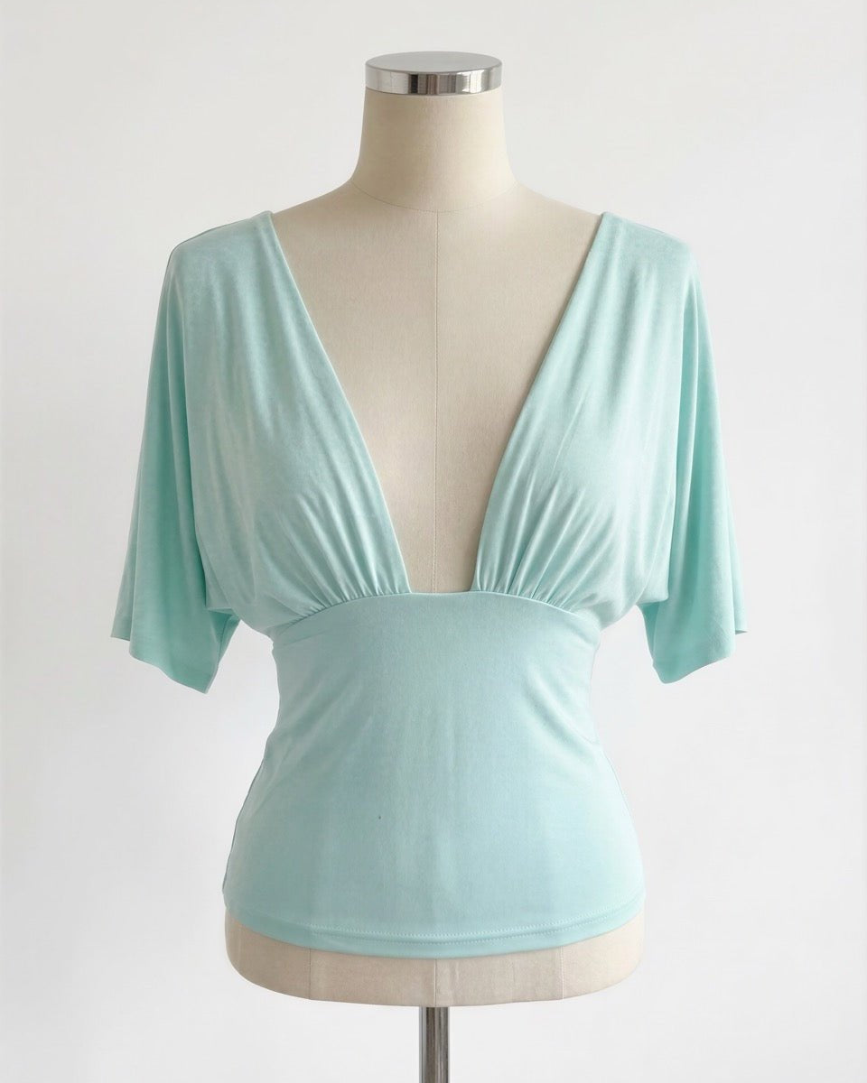 COMING SOON - ANNA DEEP V DRAPED SLEEVE TOP IN AQUA - scandivv