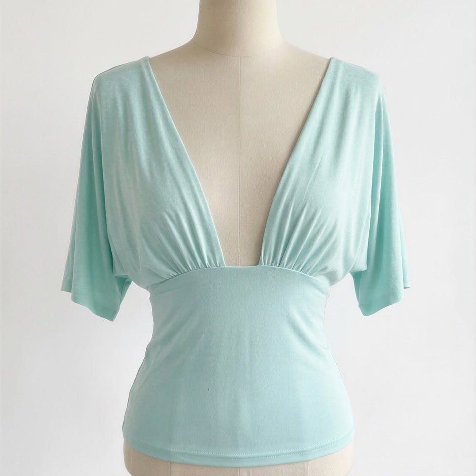 COMING SOON - ANNA DEEP V DRAPED SLEEVE TOP IN AQUA - scandivv