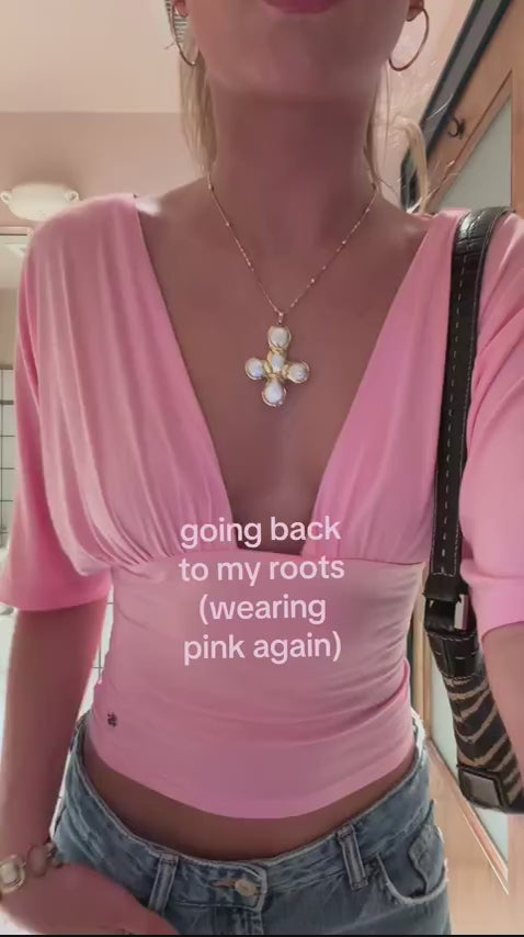 Community UGC row 347: PREORDER - ANNA DEEP V DRAPED SLEEVE TOP IN PINK, LISE NECKLACE