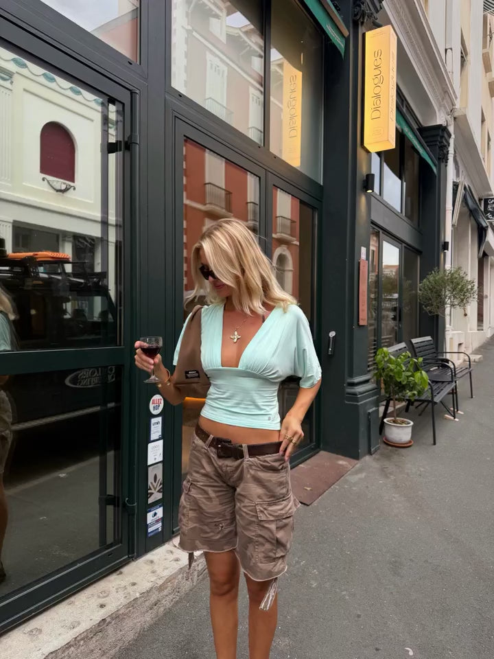 Community UGC row 495: ANNA DEEP V DRAPED SLEEVE TOP IN AQUA