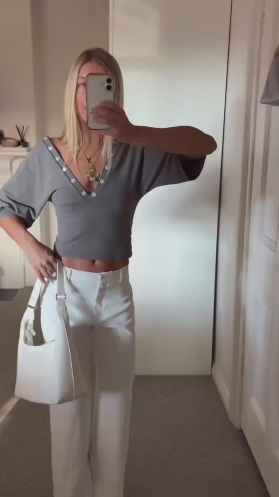 Community UGC row 487: MAEVE SHELL BUTTONS V-NECK TOP IN SMOKE