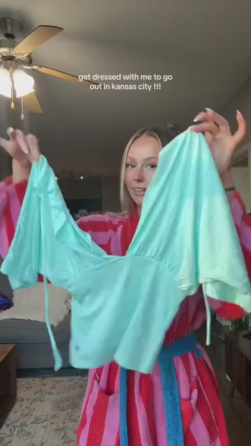 Community UGC row 369: ANNA DEEP V DRAPED SLEEVE TOP IN AQUA