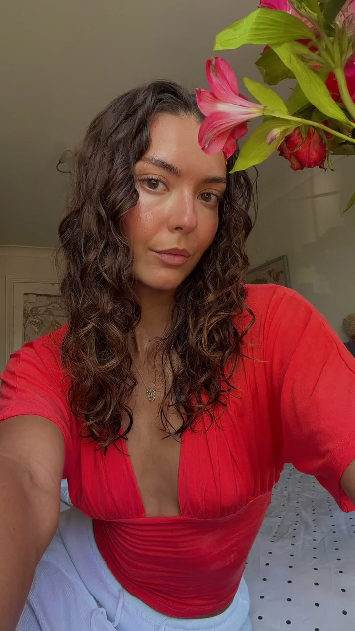 Community UGC row 368: PREORDER - ANNA DEEP V DRAPED SLEEVE TOP IN CORAL RED