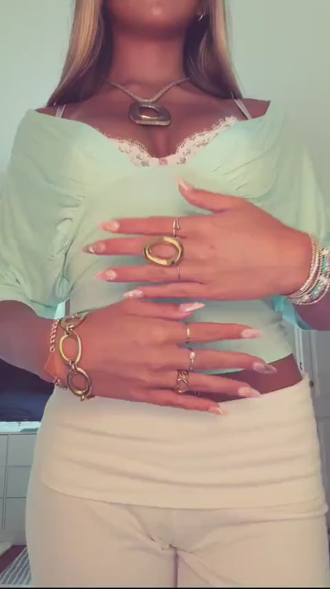 Community UGC row 382: ANNA DEEP V DRAPED SLEEVE TOP IN AQUA, PIEN NECKLACE