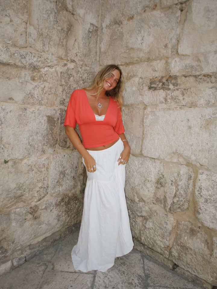 Community UGC row 496: ANNA DEEP V DRAPED SLEEVE TOP IN CORAL RED