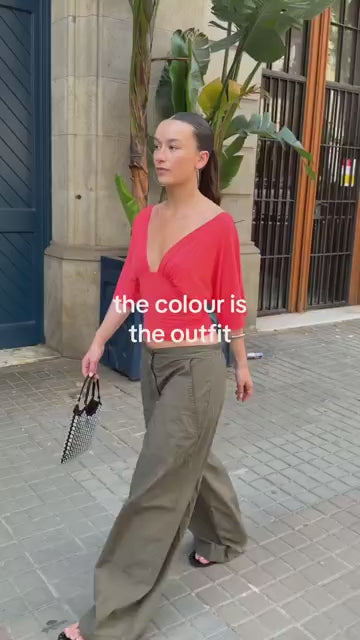 Community UGC row 318: PREORDER - ANNA DEEP V DRAPED SLEEVE TOP IN CORAL RED