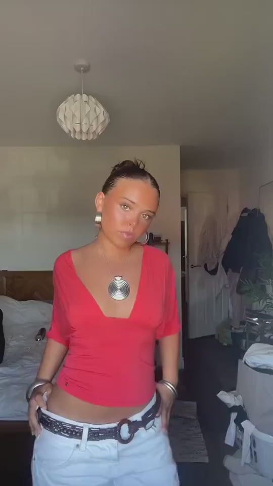 Community UGC row 400: ANNA DEEP V DRAPED SLEEVE TOP IN CORAL RED