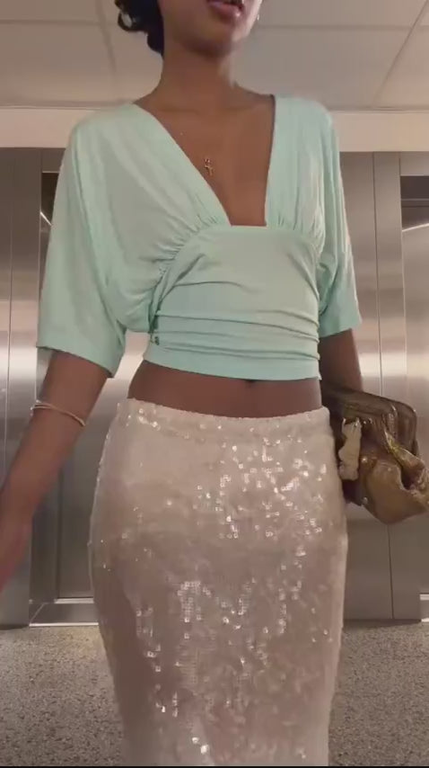 Community UGC row 475: ANNA DEEP V DRAPED SLEEVE TOP IN AQUA