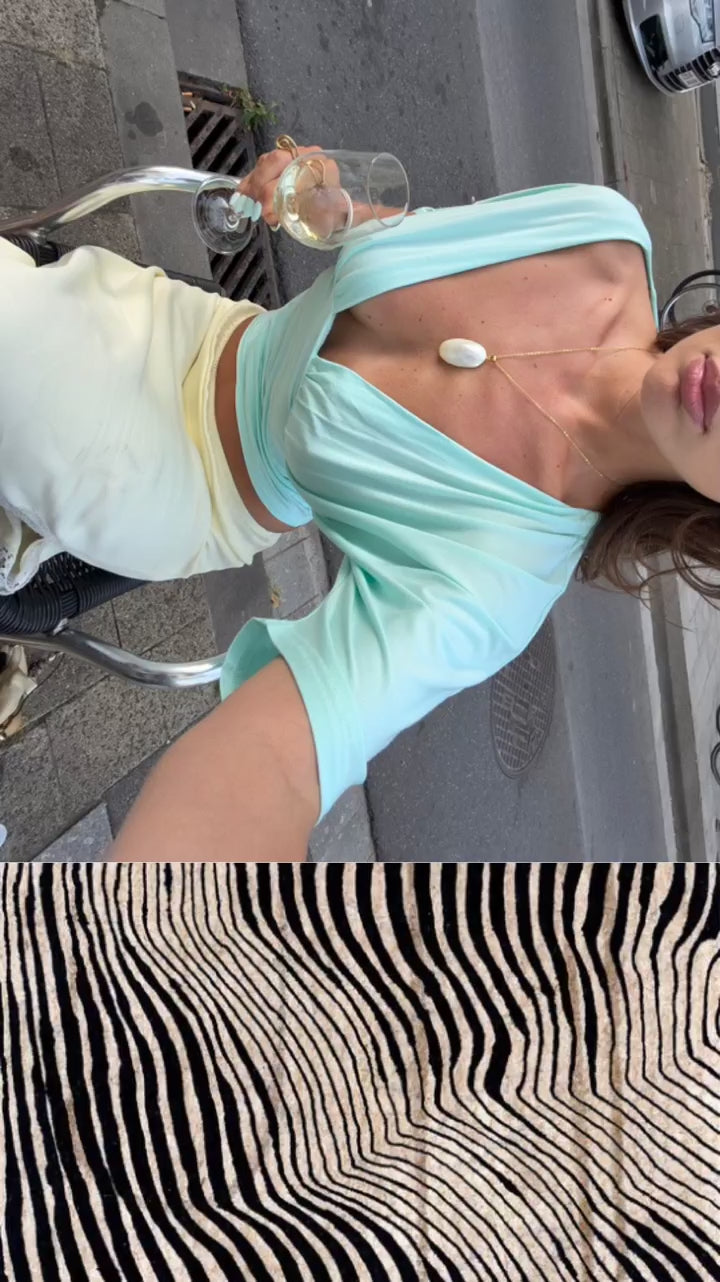 Community UGC row 500: ANNA DEEP V DRAPED SLEEVE TOP IN AQUA, LONE NECKLACE