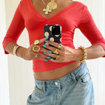EDDA V - NECK 3/4 SLEEVE TOP IN CORAL RED - scandivv