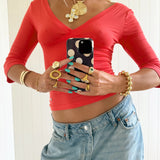 EDDA V - NECK 3/4 SLEEVE TOP IN CORAL RED - scandivv