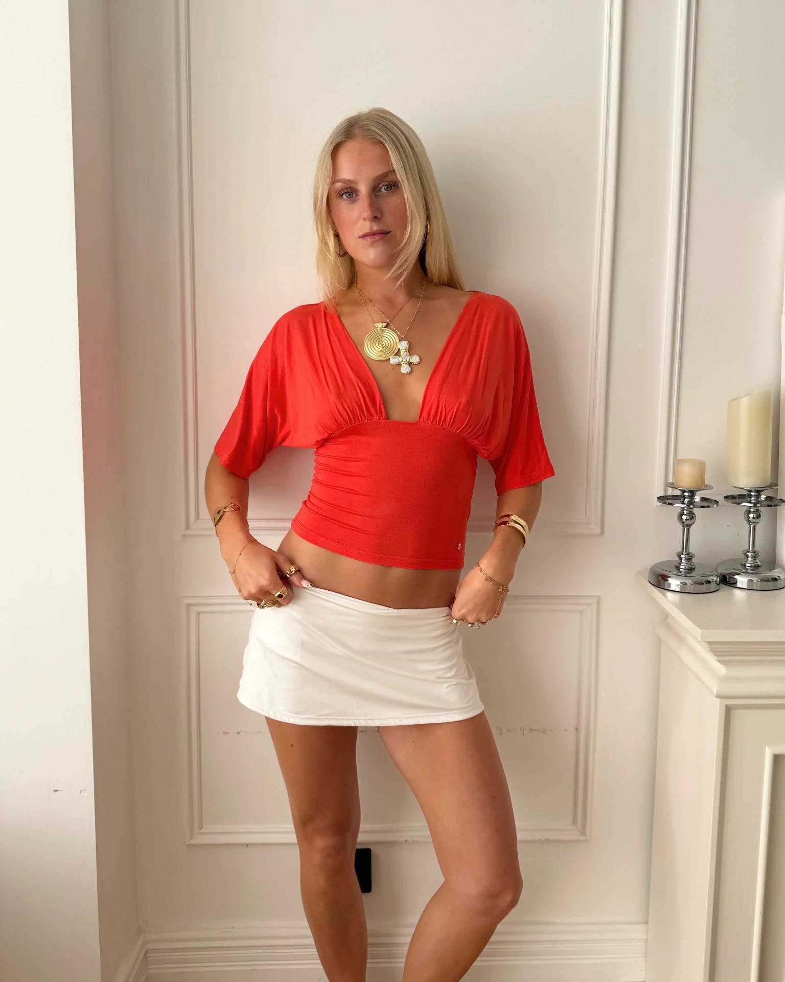 ANNA DEEP V DRAPED SLEEVE TOP IN CORAL RED - scandivv