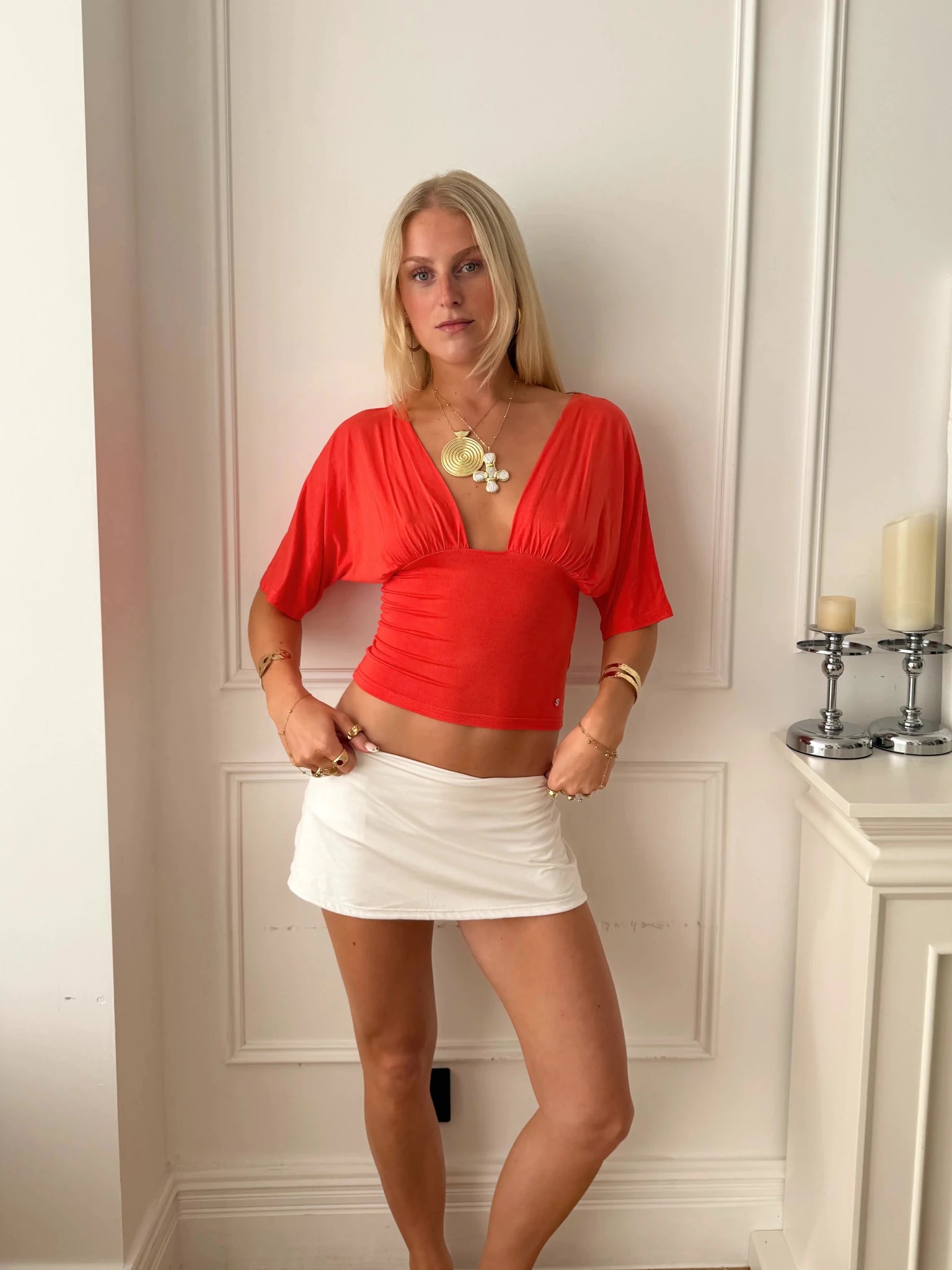 ANNA DEEP V DRAPED SLEEVE TOP IN CORAL RED - scandivv