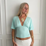 ANNA DEEP V DRAPED SLEEVE TOP IN AQUA - scandivv