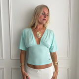 ANNA DEEP V DRAPED SLEEVE TOP IN AQUA - scandivv