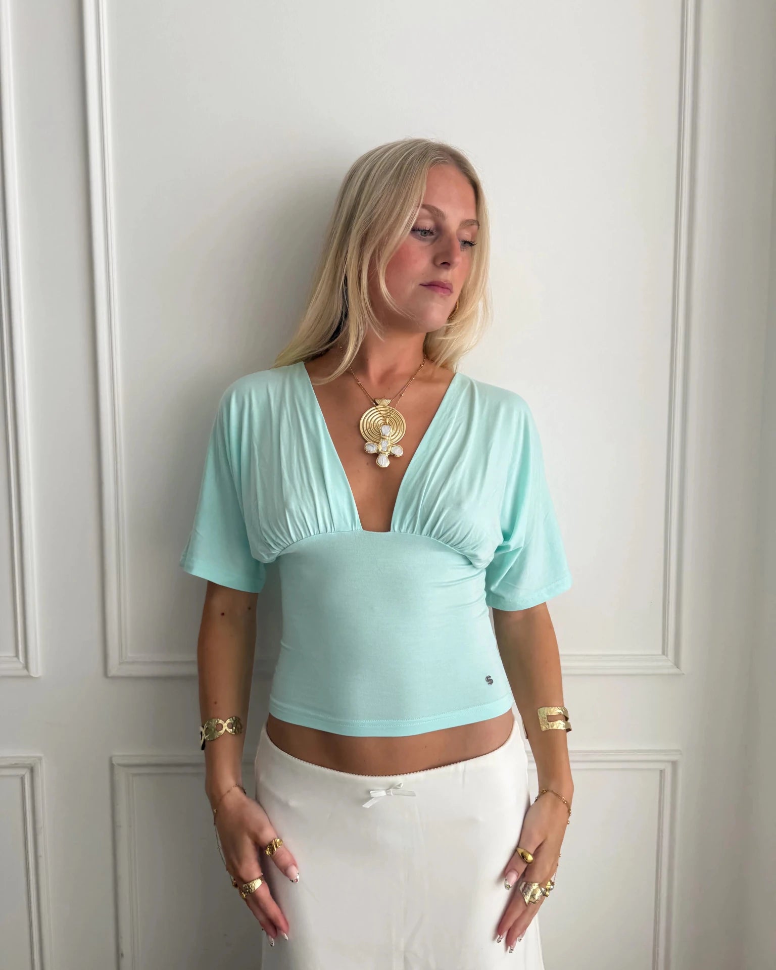 ANNA DEEP V DRAPED SLEEVE TOP IN AQUA - scandivv