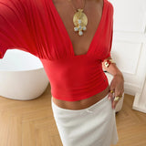 ANNA DEEP V DRAPED SLEEVE TOP IN CORAL RED - scandivv