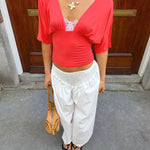 ANNA DEEP V DRAPED SLEEVE TOP IN CORAL RED - scandivv