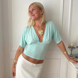 ANNA DEEP V DRAPED SLEEVE TOP IN AQUA - scandivv