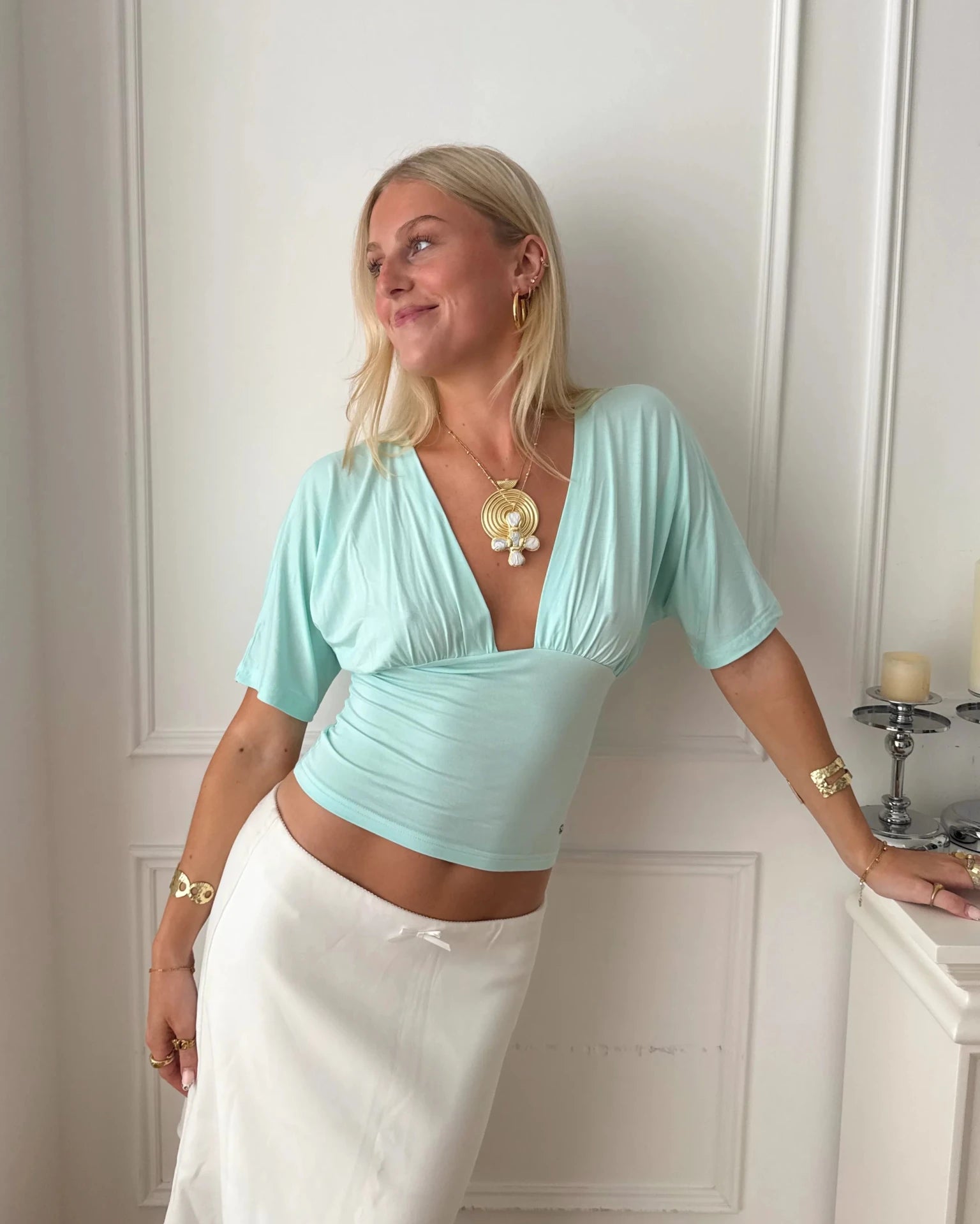 ANNA DEEP V DRAPED SLEEVE TOP IN AQUA - scandivv