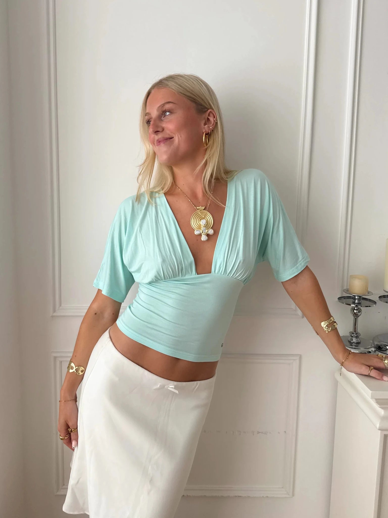 ANNA DEEP V DRAPED SLEEVE TOP IN AQUA - scandivv