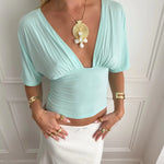 ANNA DEEP V DRAPED SLEEVE TOP IN AQUA - scandivv