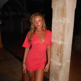 JESSIE DEEP V DRAPED SLEEVE DRESS IN CORAL RED - scandivv