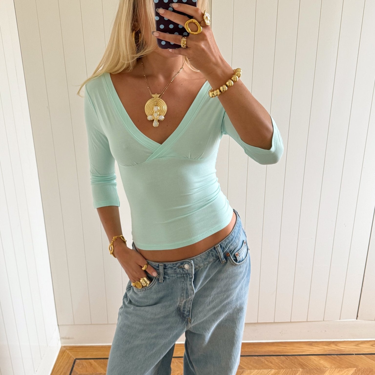 COMING SOON - EDDA V - NECK 3/4 SLEEVE TOP IN AQUA - scandivv