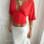 ANNA DEEP V DRAPED SLEEVE TOP IN CORAL RED - scandivv