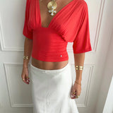 ANNA DEEP V DRAPED SLEEVE TOP IN CORAL RED - scandivv