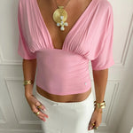 ANNA DEEP V DRAPED SLEEVE TOP IN PINK - scandivv