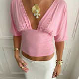ANNA DEEP V DRAPED SLEEVE TOP IN PINK - scandivv