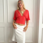 ANNA DEEP V DRAPED SLEEVE TOP IN CORAL RED - scandivv
