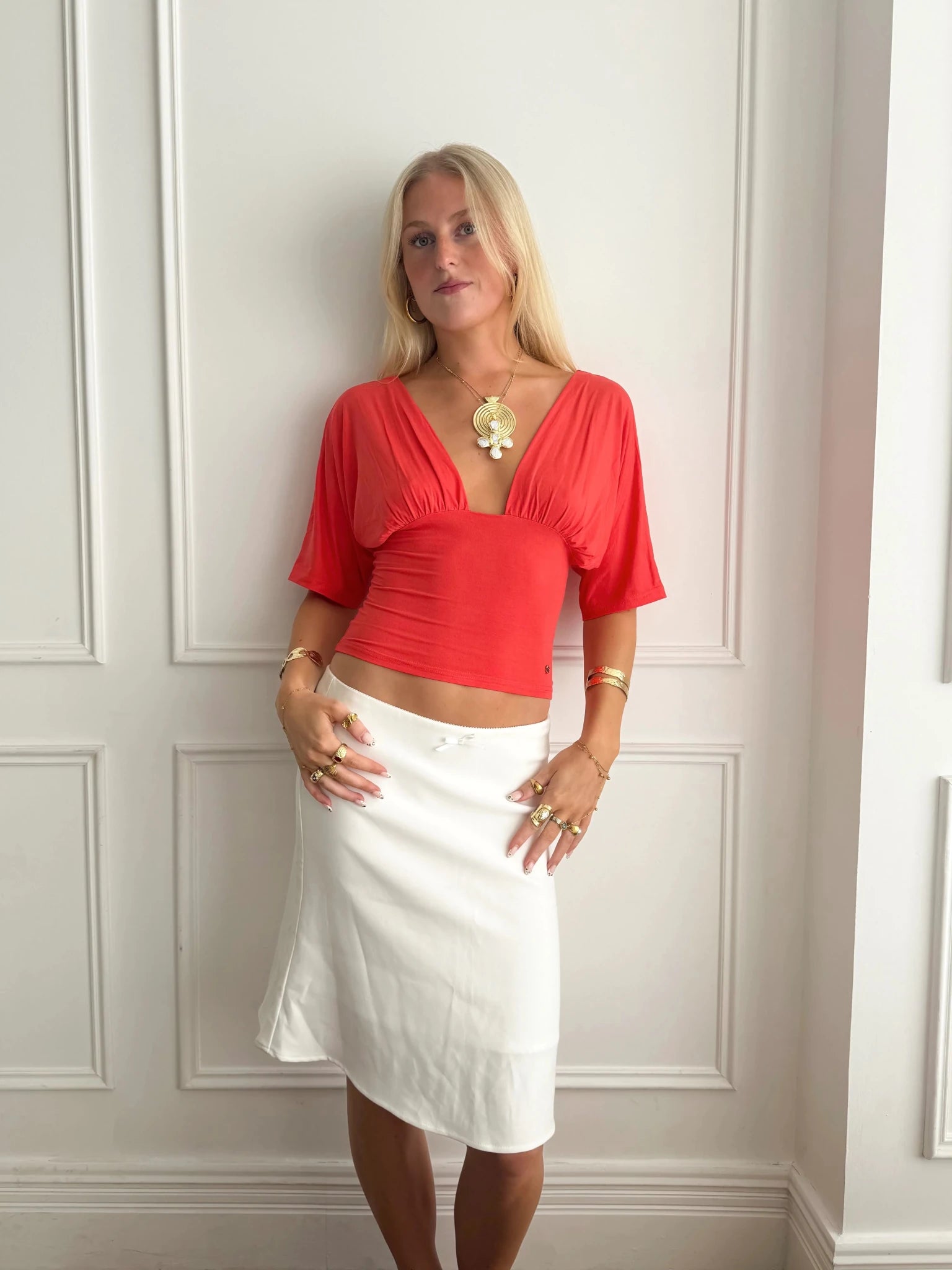 ANNA DEEP V DRAPED SLEEVE TOP IN CORAL RED - scandivv