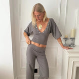 MAEVE SHELL BUTTONS V - NECK TOP IN SMOKE - scandivv