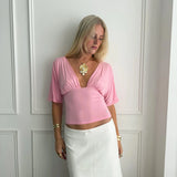 ANNA DEEP V DRAPED SLEEVE TOP IN PINK - scandivv