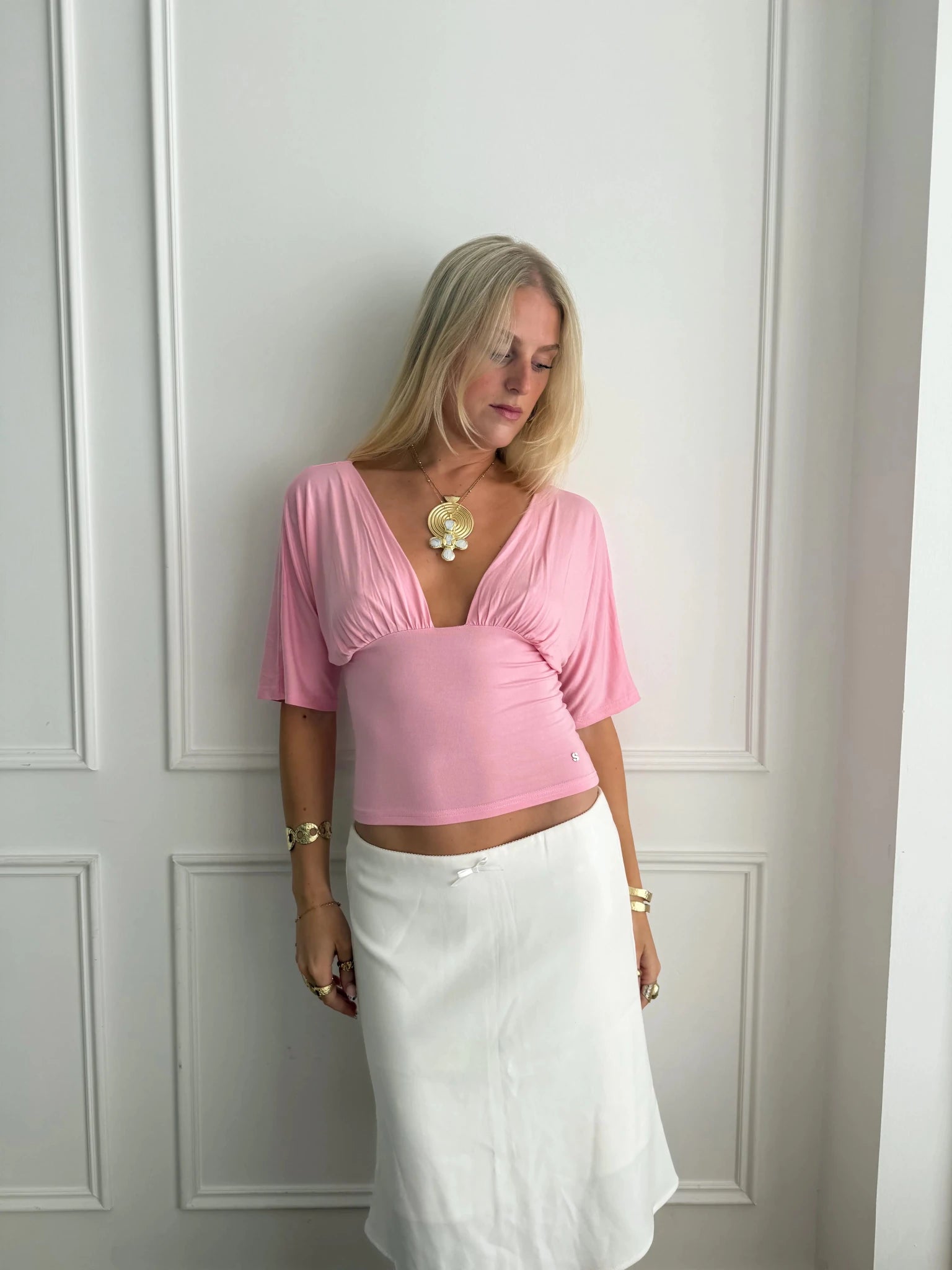 ANNA DEEP V DRAPED SLEEVE TOP IN PINK - scandivv