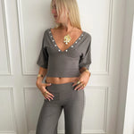 MAEVE SHELL BUTTONS V - NECK TOP IN SMOKE - scandivv