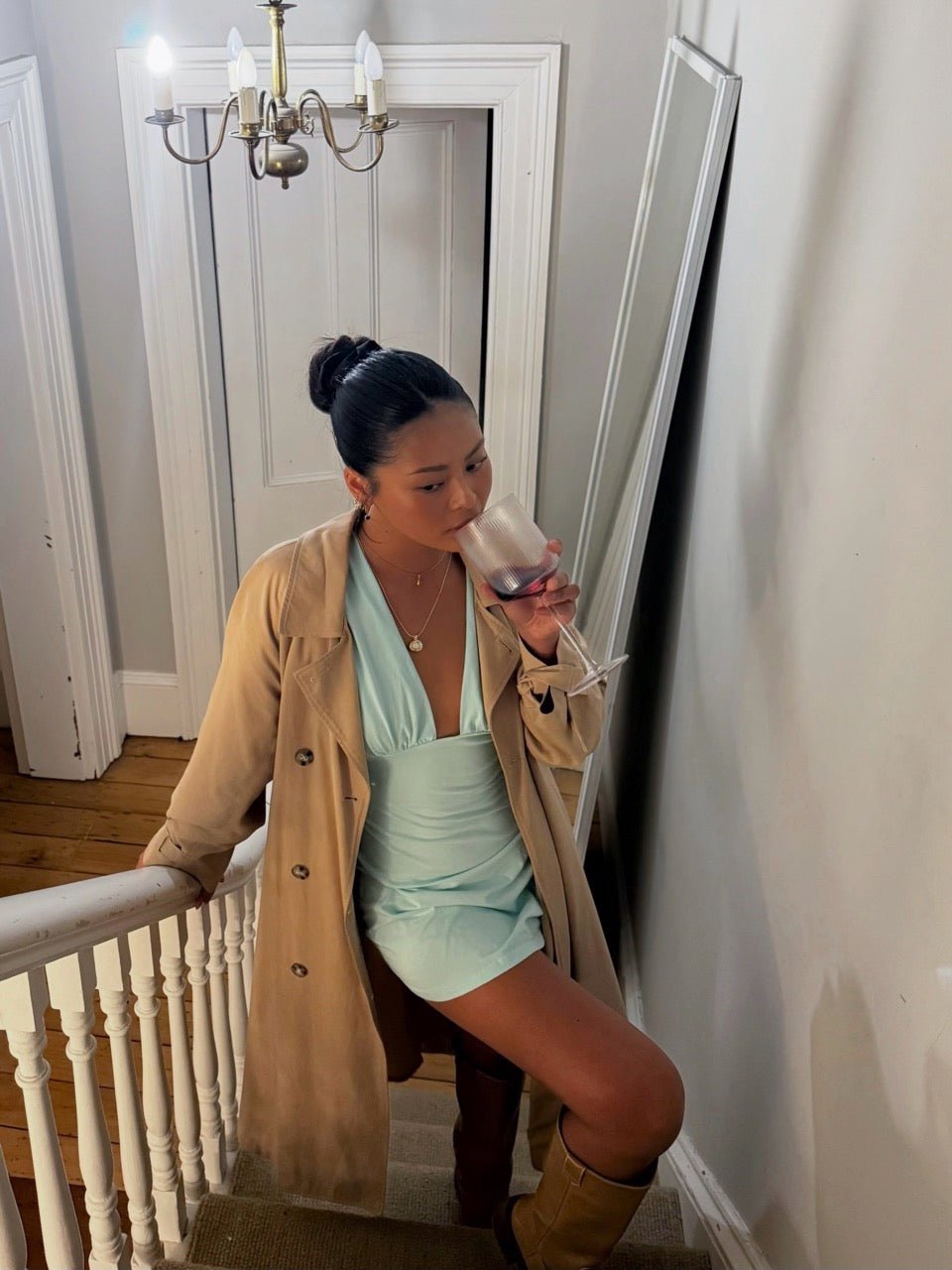 JESSIE DEEP V DRAPED SLEEVE DRESS IN AQUA - scandivv