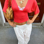ANNA DEEP V DRAPED SLEEVE TOP IN CORAL RED - scandivv