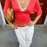 ANNA DEEP V DRAPED SLEEVE TOP IN CORAL RED - scandivv