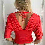 ANNA DEEP V DRAPED SLEEVE TOP IN CORAL RED - scandivv