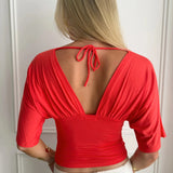 ANNA DEEP V DRAPED SLEEVE TOP IN CORAL RED - scandivv