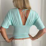 ANNA DEEP V DRAPED SLEEVE TOP IN AQUA - scandivv