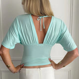 ANNA DEEP V DRAPED SLEEVE TOP IN AQUA - scandivv