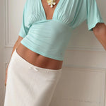 ANNA DEEP V DRAPED SLEEVE TOP IN AQUA - scandivv