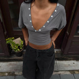 MAEVE SHELL BUTTONS V-NECK TOP IN SMOKE - scandivv