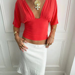 ANNA DEEP V DRAPED SLEEVE TOP IN CORAL RED - scandivv
