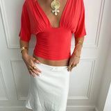 ANNA DEEP V DRAPED SLEEVE TOP IN CORAL RED - scandivv
