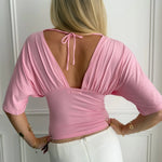 ANNA DEEP V DRAPED SLEEVE TOP IN PINK - scandivv